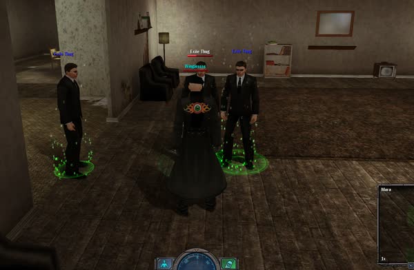 Two Exile thugs in black suits stand beside an operative in a run-down apartment.