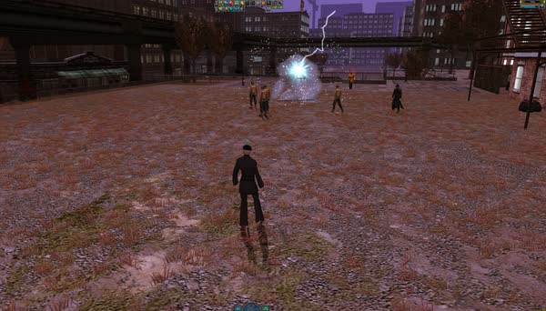 An operative in a long coat lands in a dusty Mega City lot as a hyperjump flash lights up a group of thugs.