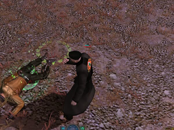 An operative in a black coat knocks a thug in a tan jacket to the ground; green code dissolves around him.